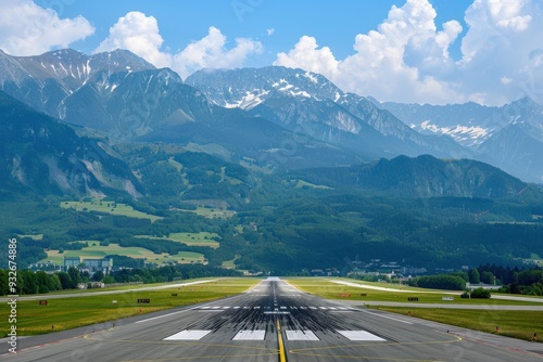 Mountain airport with runway view from mountain top