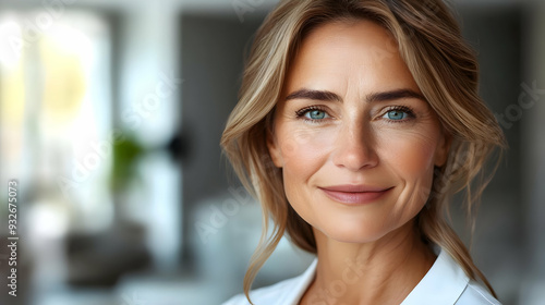 A woman with a warm smile and bright blue eyes in a soft setting. Free Download A woman with a warm smile and bright blue eyes in a soft setting. - GFXLoad
