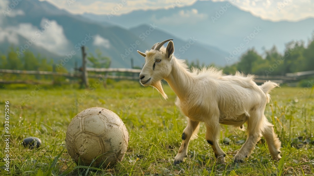 Obraz premium A goat playfully interacts with a large ball in a green pasture, its antics adding a funny element to the peaceful rural setting with distant mountains.
