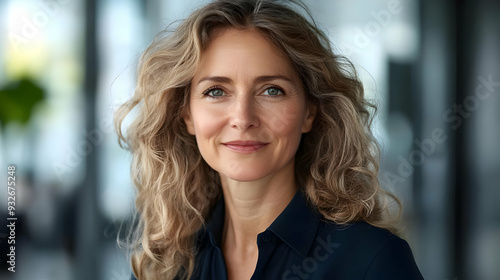 A woman with curly hair smi...