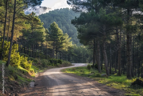 Mountain biking on the national cycle route through pine forest in the Pyrenees photo