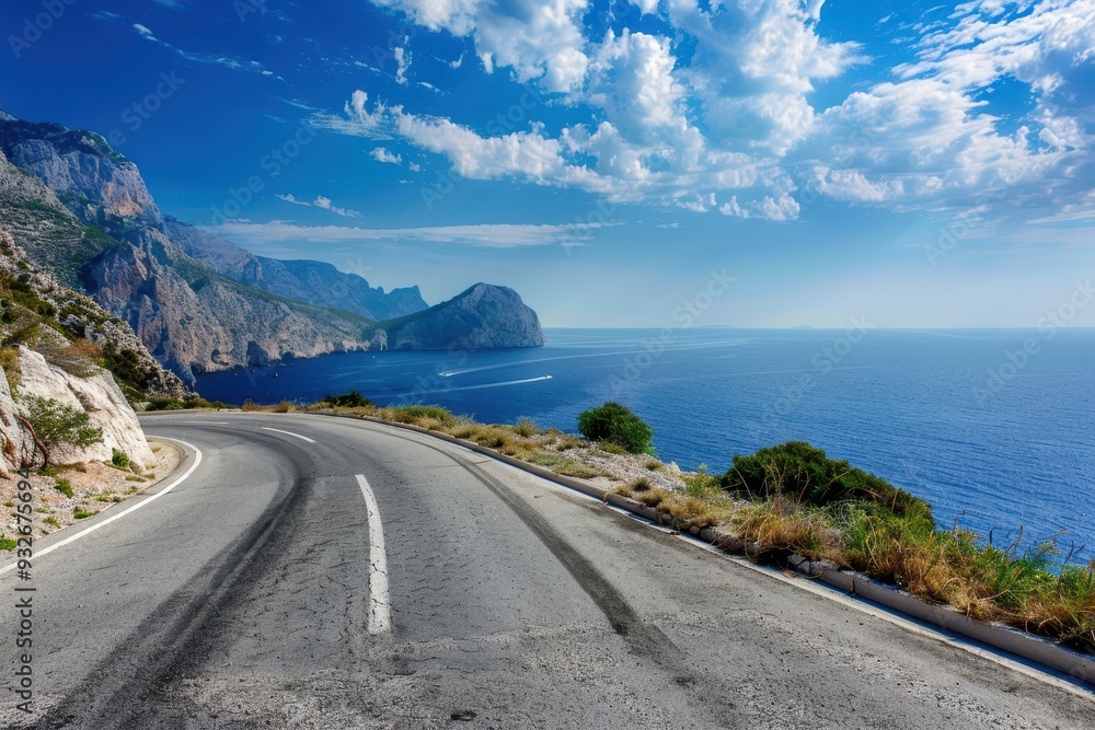 Mountain highway turns right with blue sky and sea in background Mountain highway turns right with blue sky and sea in background
