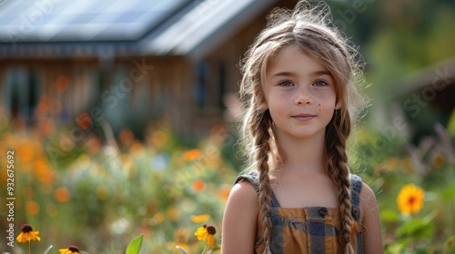 portrait of little girl in front of family house,solar panels concept of sustainable lifestyle,renewable resources