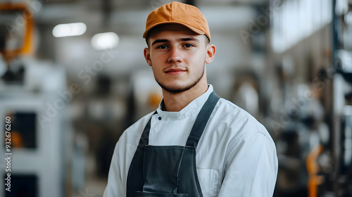 A young chef in a kitchen setting, wearing an apron and cap.