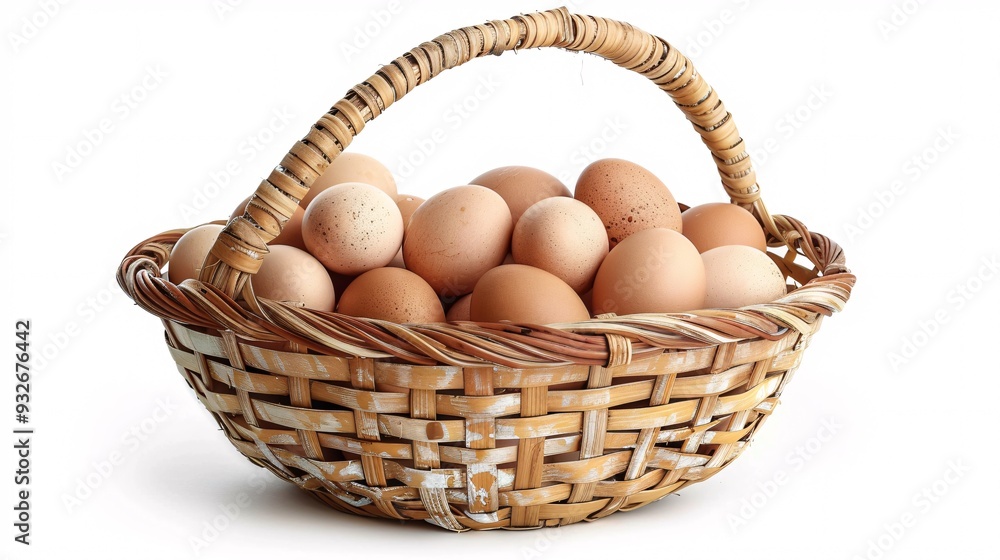5. Woven bamboo basket brimming with fresh chicken eggs, isolated on a pure white background with clipping path, emphasizing the contrast between the rustic basket and the clean, smooth eggs 5. Woven bamboo basket brimming with fresh chicken eggs, isolated on a pure white background with clipping path, emphasizing the contrast between the rustic basket and the clean, smooth eggs