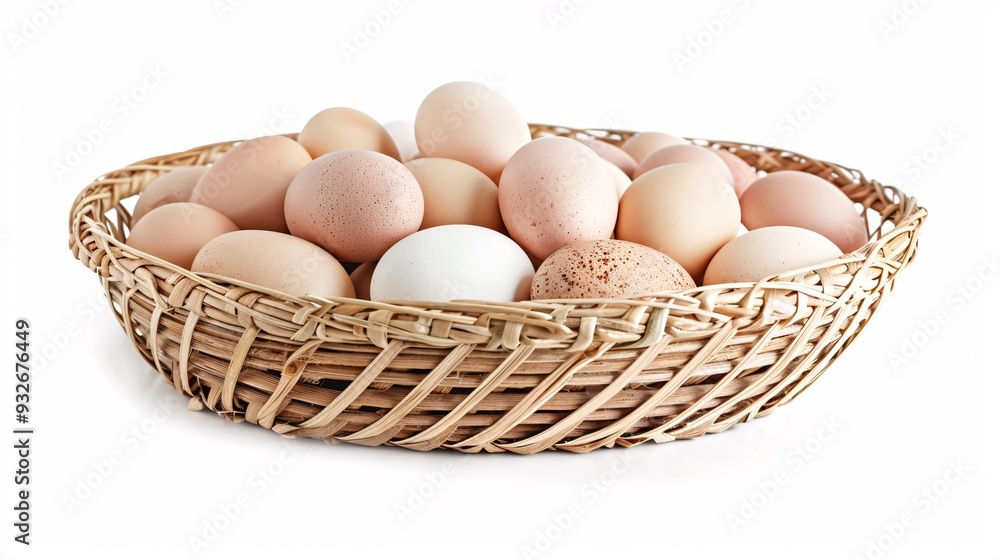 4. Fresh chicken eggs arranged in a woven bamboo basket, isolated on a white background with clipping path, focusing on the textures of the bamboo and the smoothness of the eggs 4. Fresh chicken eggs arranged in a woven bamboo basket, isolated on a white background with clipping path, focusing on the textures of the bamboo and the smoothness of the eggs