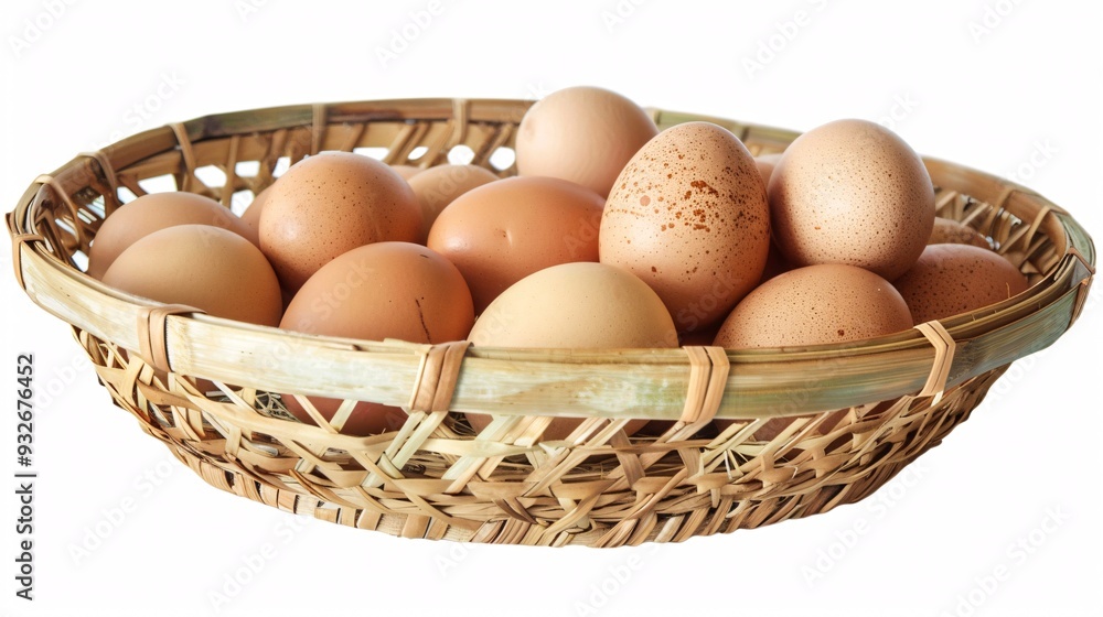 4. Fresh chicken eggs arranged in a woven bamboo basket, isolated on a white background with clipping path, focusing on the textures of the bamboo and the smoothness of the eggs 4. Fresh chicken eggs arranged in a woven bamboo basket, isolated on a white background with clipping path, focusing on the textures of the bamboo and the smoothness of the eggs