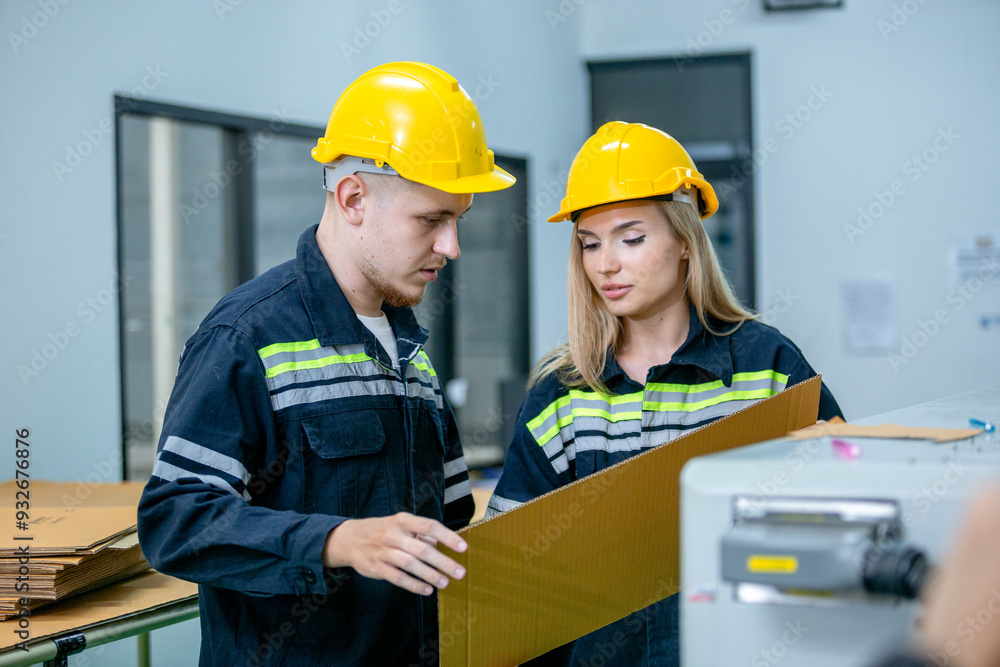 Operational or general worker man and woman using check quality and quantity stock paper product. Large industry in paper production line. Operational or general worker man and woman using check quality and quantity stock paper product. Large industry in paper production line.