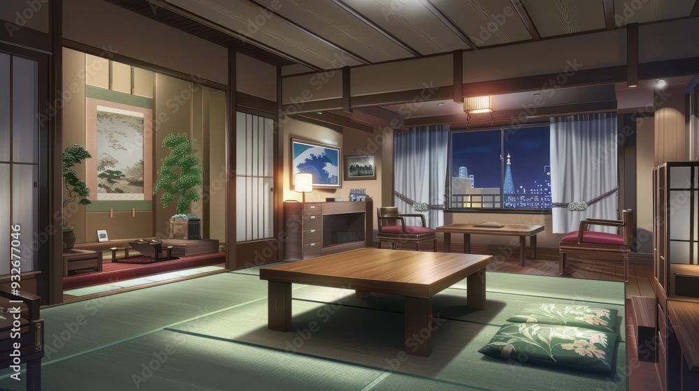Fototapeta premium This inviting hotel interior showcases traditional decor with tatami mats, wooden furniture, and beautiful city views, perfect for relaxation