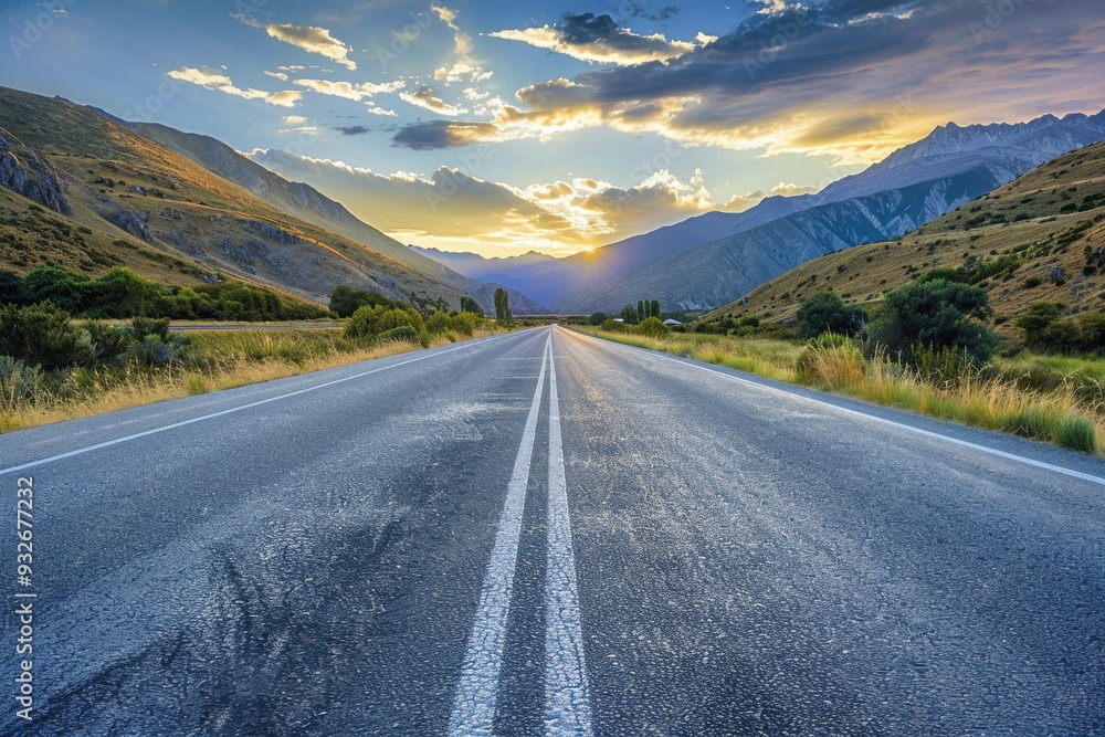 Mountain scenery overlooking an empty road at sunrise Mountain scenery overlooking an empty road at sunrise