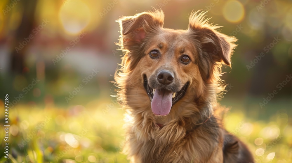 Obraz premium A happy brown dog with a fluffy tail and perky ears enjoys a day out in a sunlit park, surrounded by greenery.