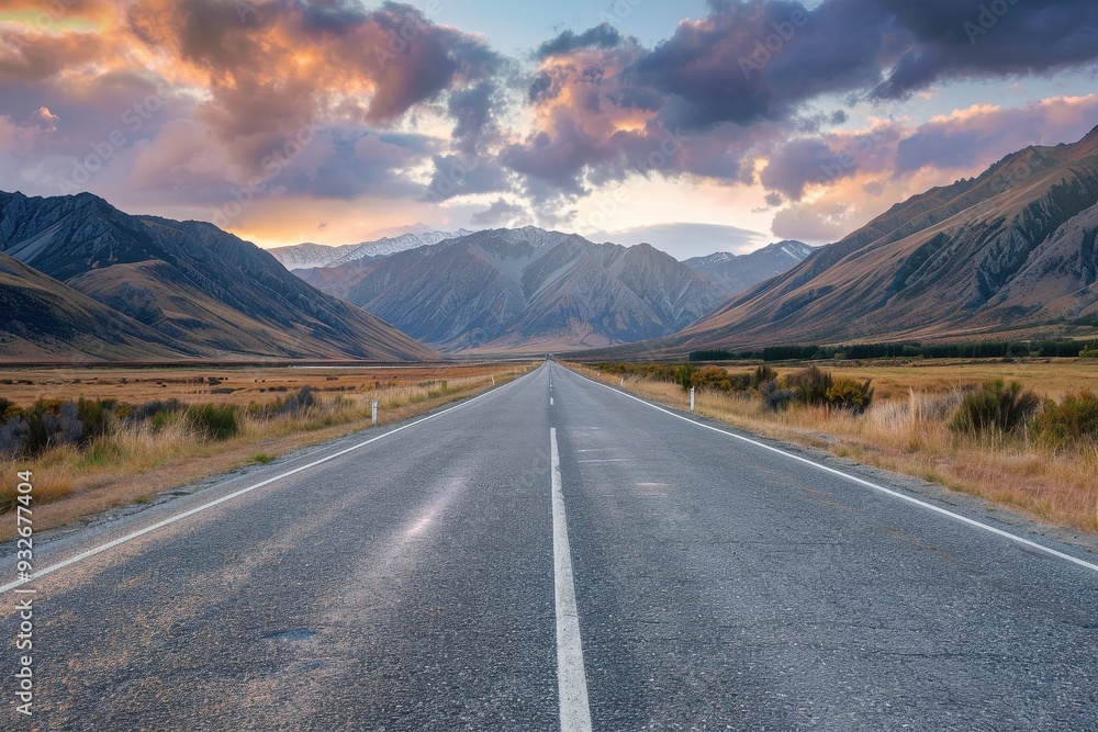 Fototapeta premium Mountain scenery and asphalt road at sunset