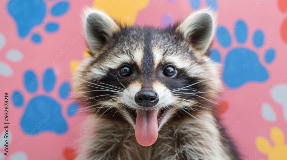 Obraz premium A raccoon sticking its tongue out with a cheeky grin, against a playful background of colorful, exaggerated paw prints and playful doodles.