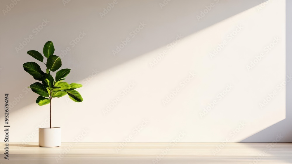 Obraz premium Minimalist plant on white background with sunbeams.