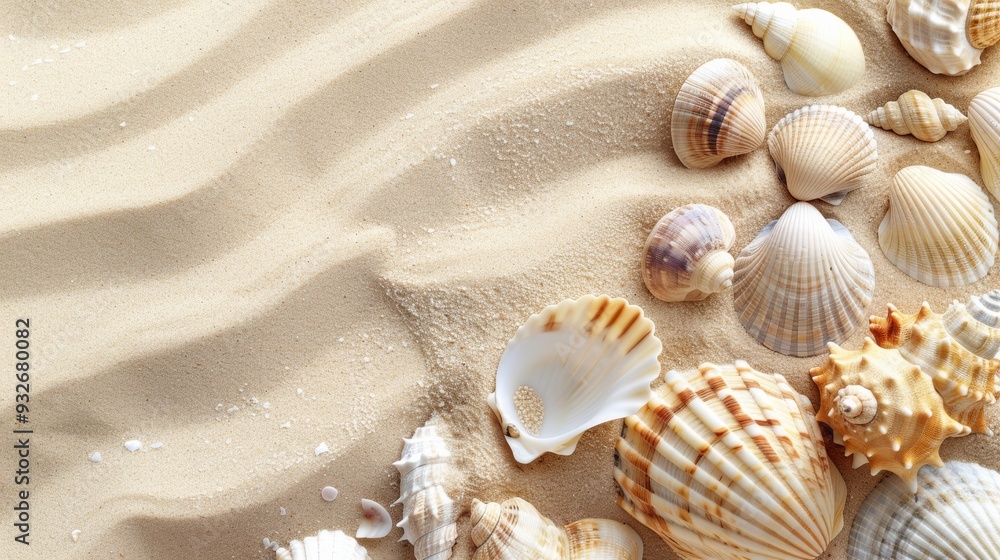 A serene beach scene featuring a variety of seashells scattered across the sand, creating a natural, textured background A serene beach scene featuring a variety of seashells scattered across the sand, creating a natural, textured background