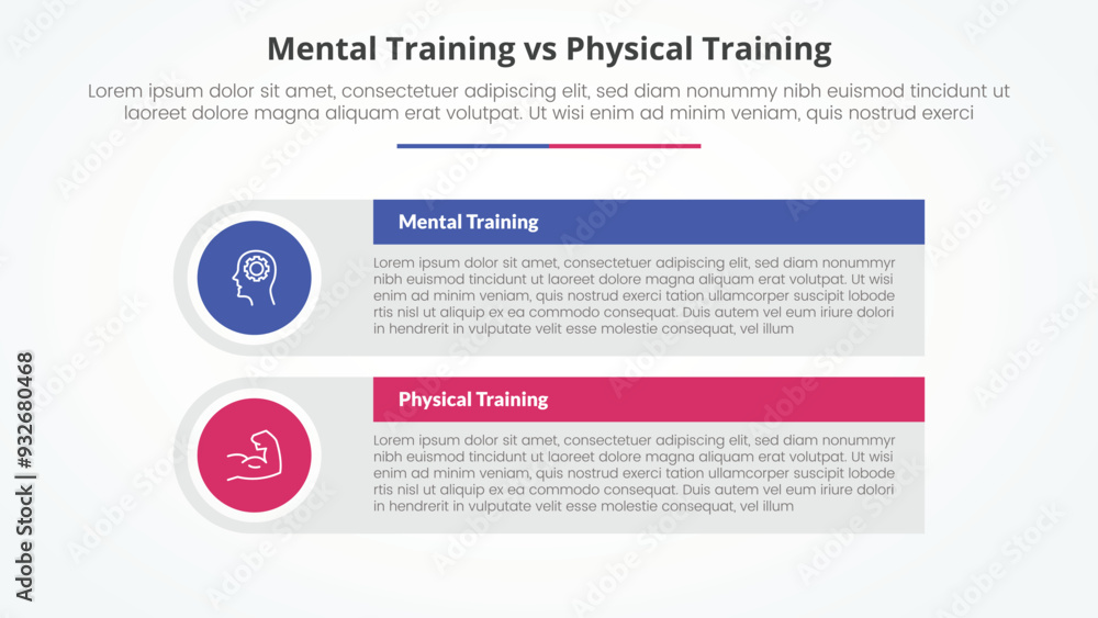mental vs physical training comparison opposite infographic concept for slide presentation with big rectangle table box with round circle edge with flat style mental vs physical training comparison opposite infographic concept for slide presentation with big rectangle table box with round circle edge with flat style