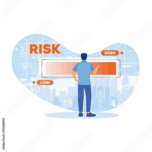Investors consider the risk management process on a virtual screen. High risk decision making. Business analysis instruments concept. Flat vector illustration.
