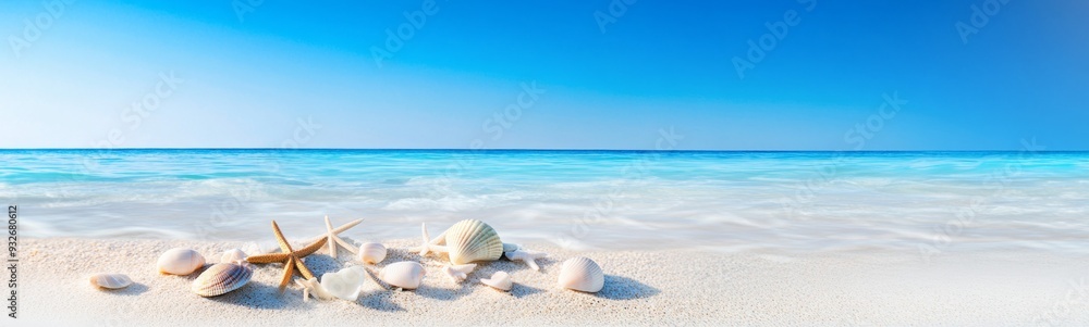 White Sand Beach with Shells and Starfish, Blue Seawater, and Clear Sky, Ideal for Summer Scene or Vacation Promotion White Sand Beach with Shells and Starfish, Blue Seawater, and Clear Sky, Ideal for Summer Scene or Vacation Promotion
