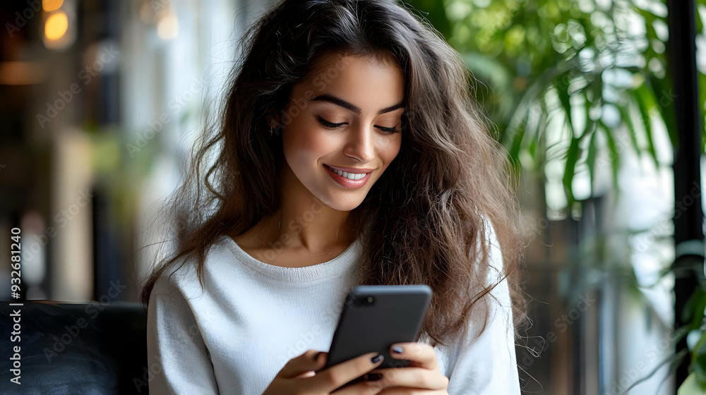 A young woman smiles while using her smartphone in a cozy setting. A young woman smiles while using her smartphone in a cozy setting.