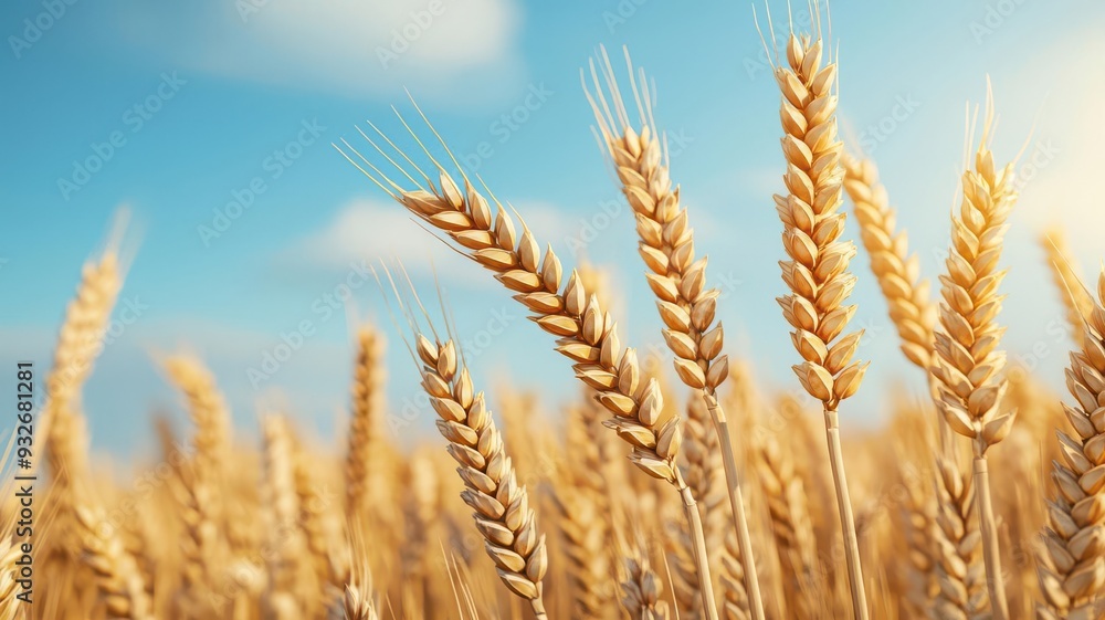 Organic wheat field, golden ears swaying in wind, 3D illustration Organic wheat field, golden ears swaying in wind, 3D illustration