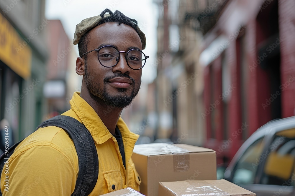 Delivery man holding package on city street Delivery man holding package on city street