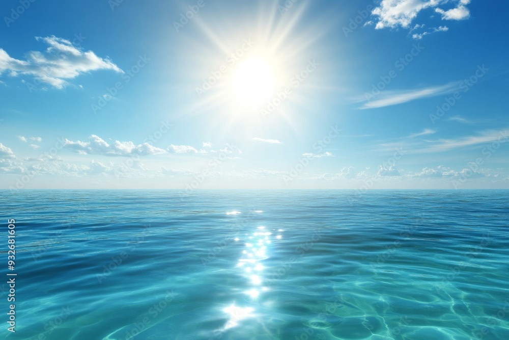 Obraz premium Serene Ocean Scene with Clear Blue Waters and Bright Sun, Reflecting Light with White Clouds in the Sky