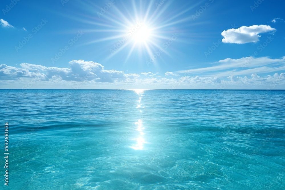Serene Ocean Scene with Clear Blue Waters and Bright Sun, Reflecting Light with White Clouds in the Sky Serene Ocean Scene with Clear Blue Waters and Bright Sun, Reflecting Light with White Clouds in the Sky