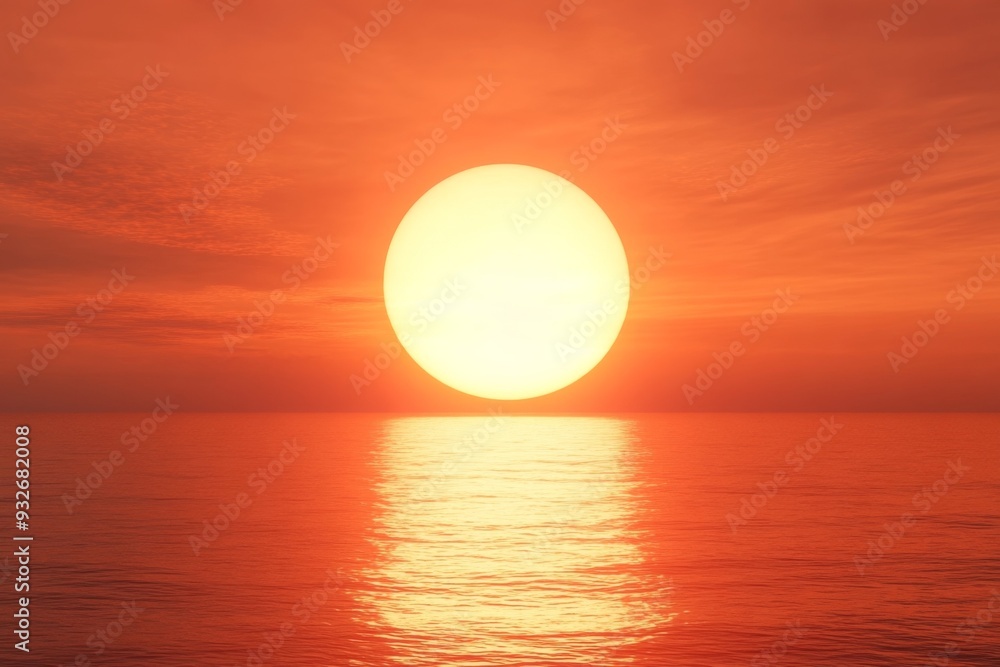 3D Rendering of a Red Sunset Over the Sea with Orange Sky and Reflections, Evoking Tranquility and Serenity 3D Rendering of a Red Sunset Over the Sea with Orange Sky and Reflections, Evoking Tranquility and Serenity