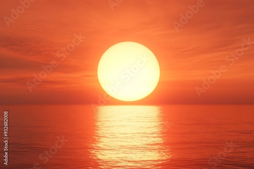 3D Rendering of a Red Sunset Over the Sea with Orange Sky and Reflections, Evoking Tranquility and Serenity