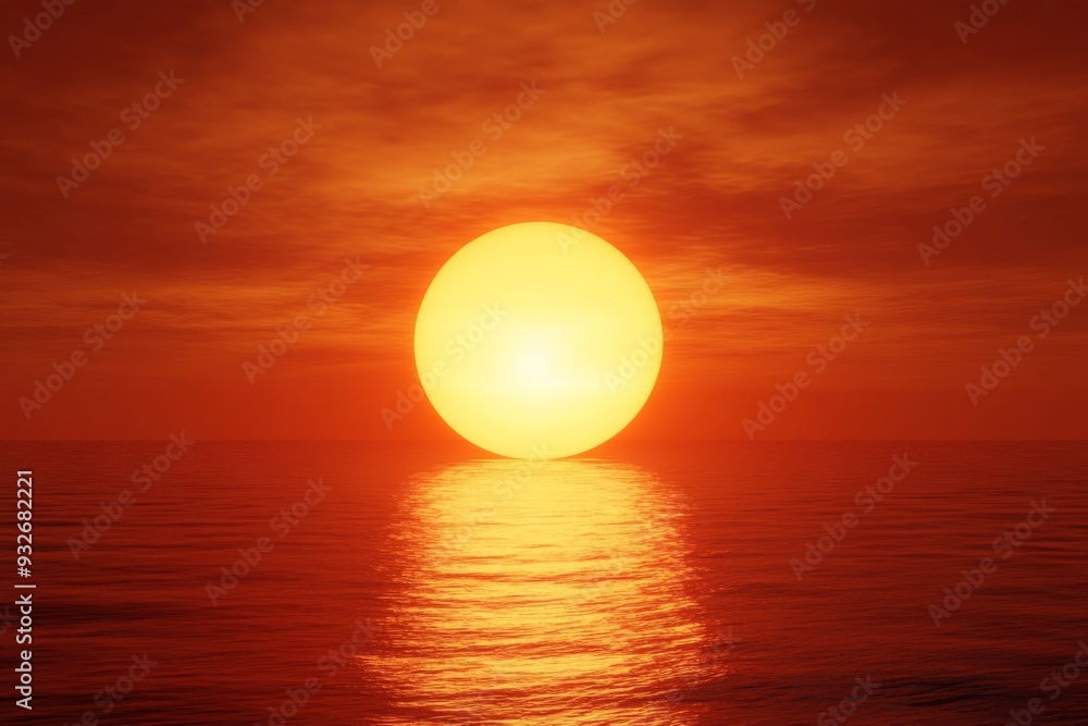 3D Rendering of a Red Sunset Over the Sea with Orange Sky and Reflections, Evoking Tranquility and Serenity 3D Rendering of a Red Sunset Over the Sea with Orange Sky and Reflections, Evoking Tranquility and Serenity