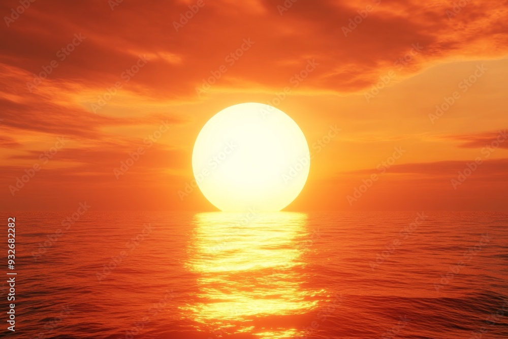3D Rendering of a Red Sunset Over the Sea with Orange Sky and Reflections, Evoking Tranquility and Serenity 3D Rendering of a Red Sunset Over the Sea with Orange Sky and Reflections, Evoking Tranquility and Serenity