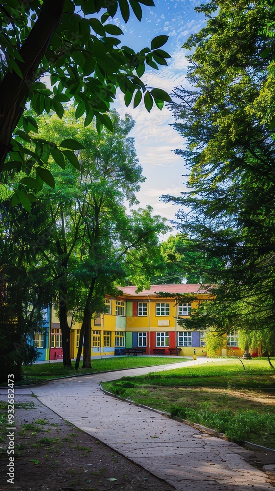 Schoolyard with brightly colored school buildings, a small garden, and walkways surrounded by green trees
Schoolyard with brightly colored school buildings, a small garden, and walkways surrounded by green trees