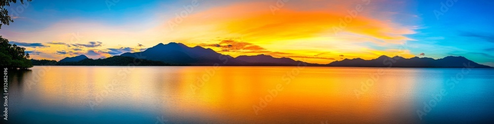 Fototapeta premium Panoramic Sunrise Over Island with Mountains in Thailand Reflecting Vibrant Colors on Calm Waters, Peaceful Natural Beauty Scene