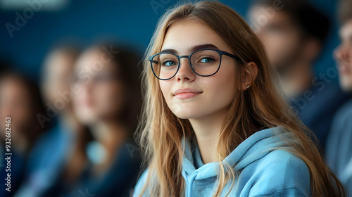 A young woman with glasses ...