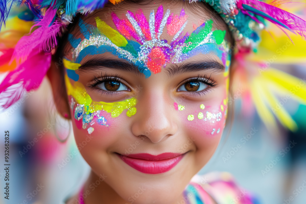 Close-up of a smiling girl with vibrant glitter face paint and colorful feathers, enjoying a festive celebration full of joy and creativity Close-up of a smiling girl with vibrant glitter face paint and colorful feathers, enjoying a festive celebration full of joy and creativity