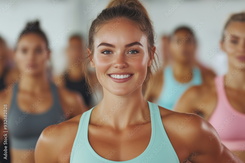 A cheerful woman smiling confidently while leading a group fitness class, emphasizing health, leadership, and a positive workout environment A cheerful woman smiling confidently while leading a group fitness class, emphasizing health, leadership, and a positive workout environment