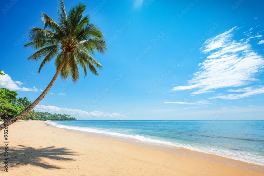 Serene Beach with Palm Tree, Clear Blue Sky, and Calm Ocean Waves, Capturing the Essence of Tranquil Summer Relaxation Serene Beach with Palm Tree, Clear Blue Sky, and Calm Ocean Waves, Capturing the Essence of Tranquil Summer Relaxation