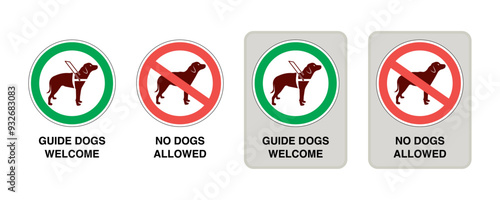 Accessible Signage for Service Animals: Guide Dog Symbols, No Dogs Allowed Designs, label and Sticker Templates. Vector.