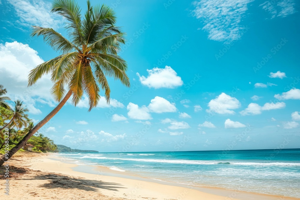 Serene Beach with Palm Tree, Clear Blue Sky, and Calm Ocean Waves, Capturing the Essence of Tranquil Summer Relaxation Serene Beach with Palm Tree, Clear Blue Sky, and Calm Ocean Waves, Capturing the Essence of Tranquil Summer Relaxation