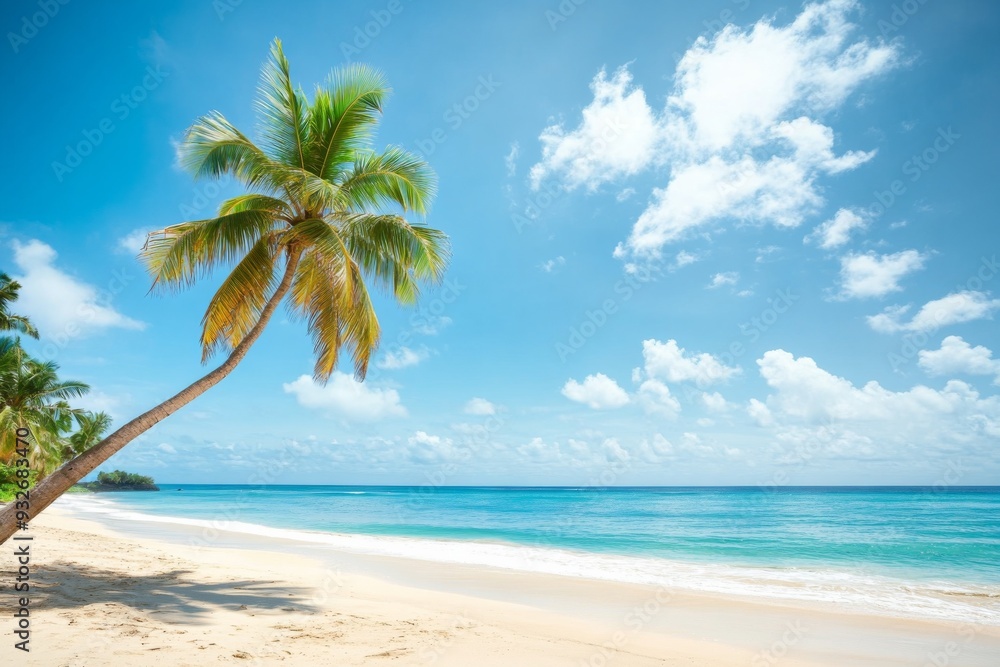 Serene Beach with Palm Tree, Clear Blue Sky, and Calm Ocean Waves, Capturing the Essence of Tranquil Summer Relaxation Serene Beach with Palm Tree, Clear Blue Sky, and Calm Ocean Waves, Capturing the Essence of Tranquil Summer Relaxation