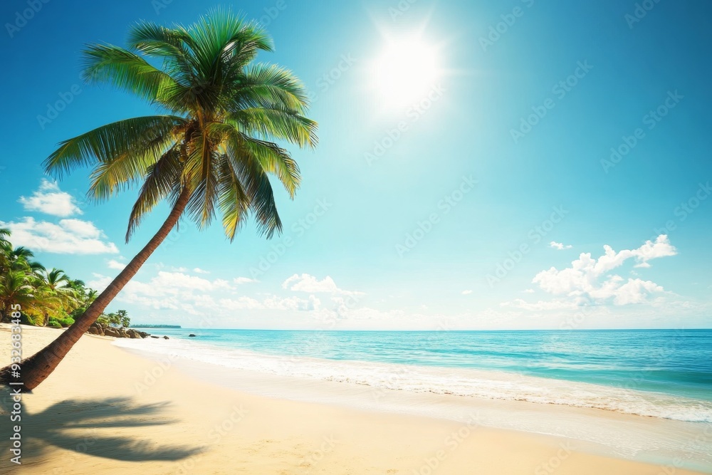 Serene Beach with Palm Tree, Clear Blue Sky, and Calm Ocean Waves, Capturing the Essence of Tranquil Summer Relaxation Serene Beach with Palm Tree, Clear Blue Sky, and Calm Ocean Waves, Capturing the Essence of Tranquil Summer Relaxation