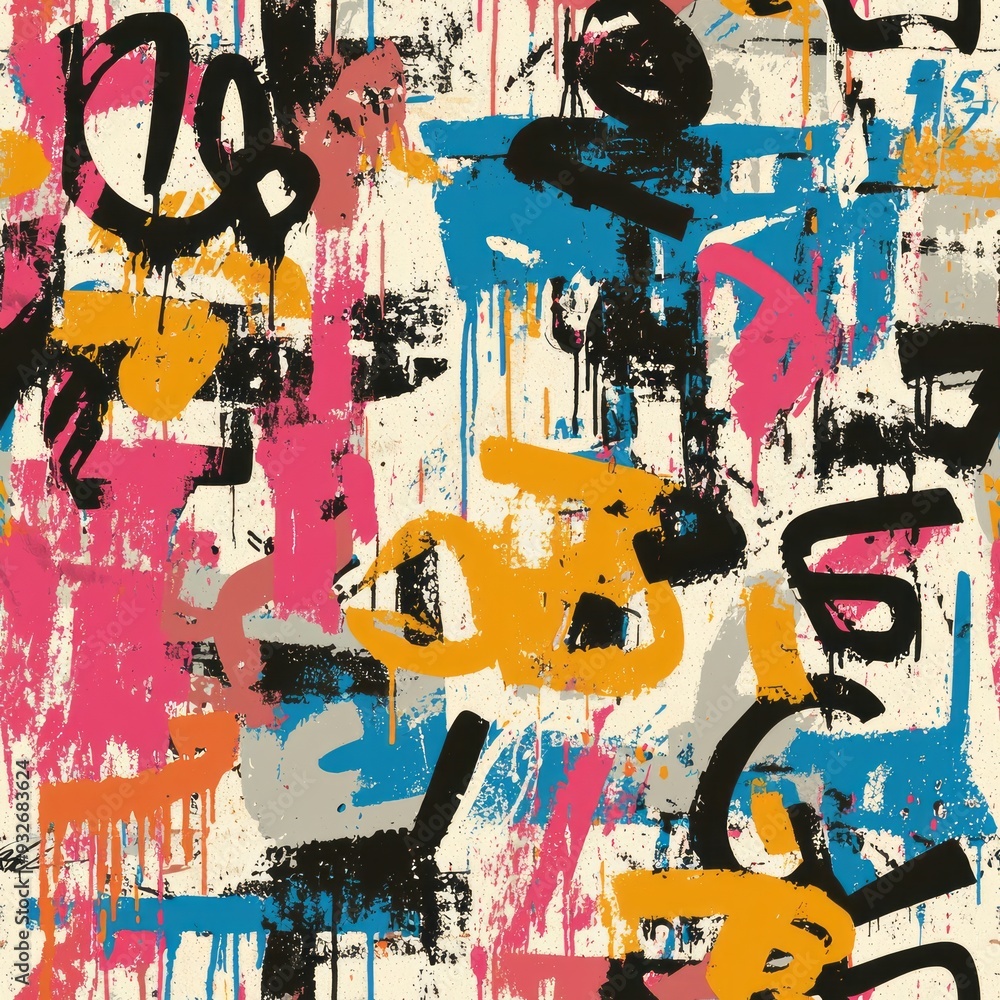 Fototapeta premium Seamless pattern of graffiti tags featuring stylized lettering and spray paint drips