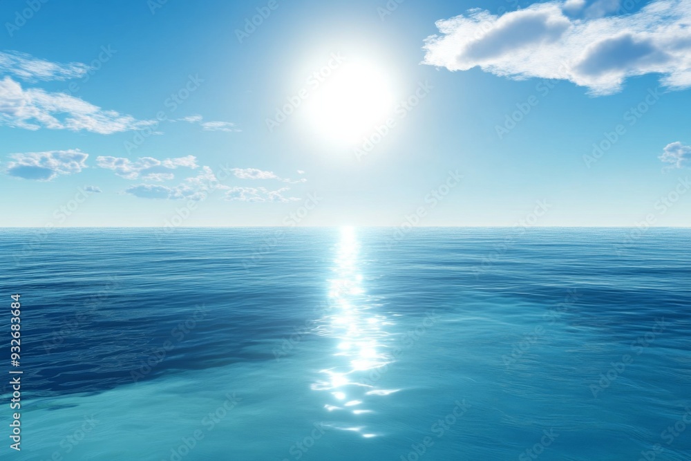 Obraz premium Serene Ocean with Clear Blue Waters and Bright Sunlight, Reflecting Light on the Horizon with Scattered White Clouds