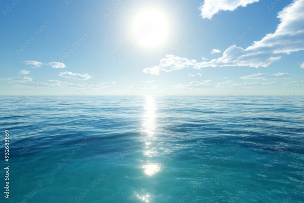 Obraz premium Serene Ocean with Clear Blue Waters and Bright Sunlight, Reflecting Light on the Horizon with Scattered White Clouds