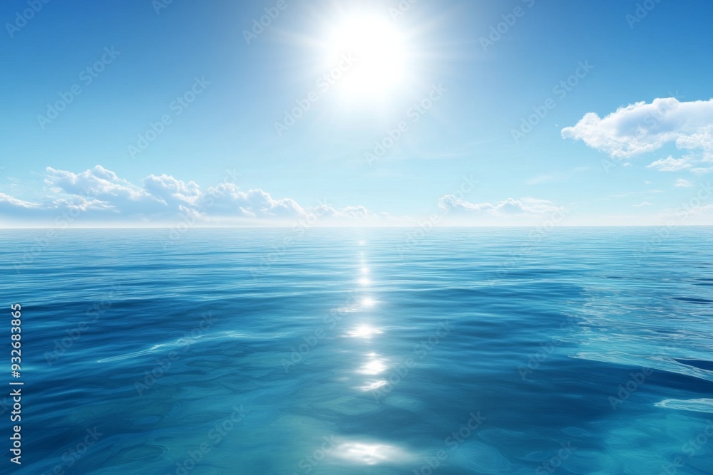 Serene Ocean with Clear Blue Waters and Bright Sunlight, Reflecting Light on the Horizon with Scattered White Clouds Serene Ocean with Clear Blue Waters and Bright Sunlight, Reflecting Light on the Horizon with Scattered White Clouds
