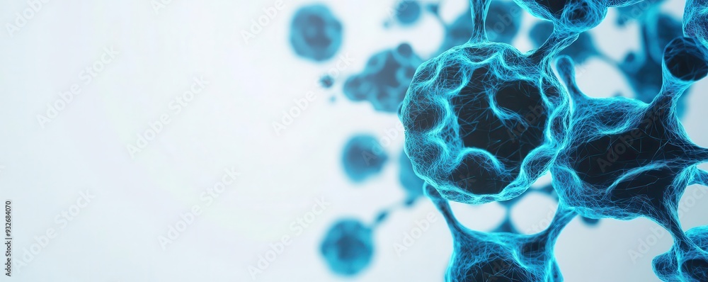 Obraz premium Abstract blue cell structure floating in white space, biotechnology and research