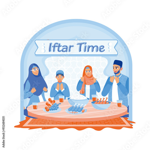 Muslim family sitting at the dining table. Pray before breaking the fast. Ramadan Kareem concept. Flat vector illustration.