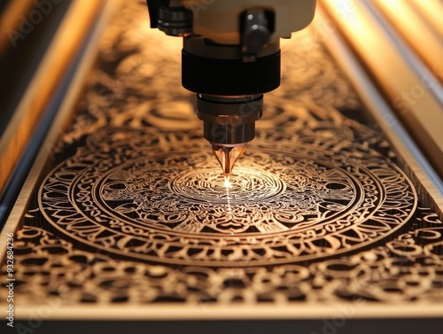 Close-up of a laser cutter engraving intricate designs on a metal surface, showcasing precision and craftsmanship.