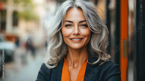 Confident woman with gray h...