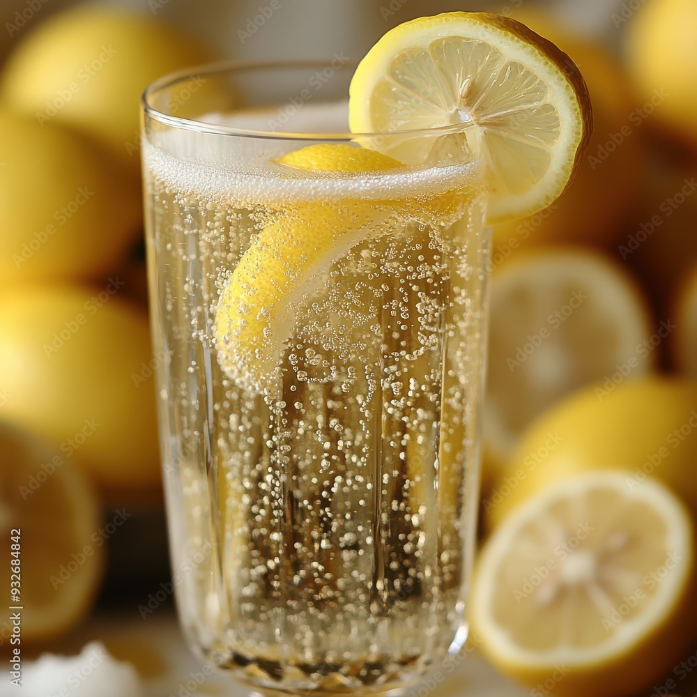Close-up of a Sparkling Lemonade in a Glass Garnished with Fresh Lemon Slices, Featuring Bubbles and Lemons in the Background Close-up of a Sparkling Lemonade in a Glass Garnished with Fresh Lemon Slices, Featuring Bubbles and Lemons in the Background